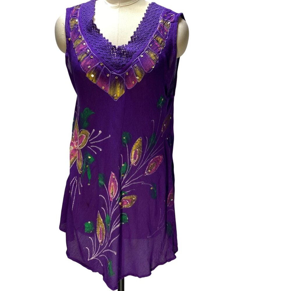 Purple Floral Sleeveless‎ Tunic Top With Crochet Neckline Beachy Flowy